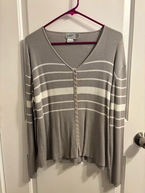 Vintage Gray Striped Button-Front Ribbed Cardigan